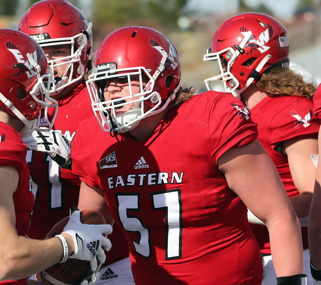 Eastern Washington Athletics
Forks’ Luke Dahlgren (57), gets pumped up with a teammate before an Eastern Washington football game. Dahlgren has been named one of four team captains by team coaches ahead of his redshirt senior season.
