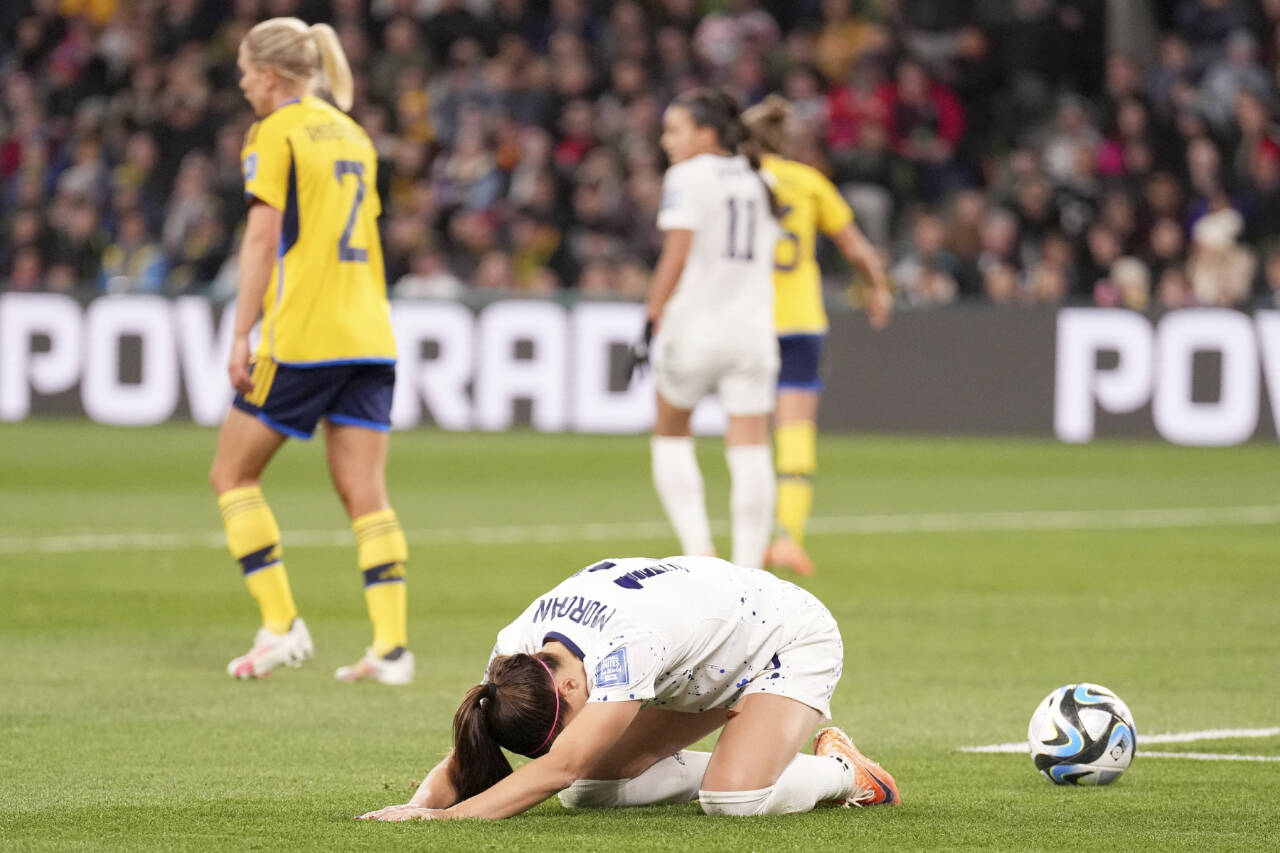 The United States’ Alex Morgan reacts after a missed shot at goal during the Women’s World Cup round of 16 soccer match between Sweden and the United States in Melbourne, Australia on Sunday. (AP Photo/Scott Barbour)
