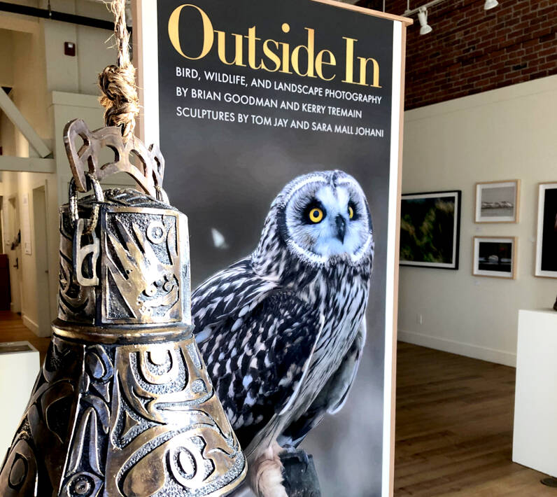 Sara Mall Johani's bronze "Forest Bell" is suspended at the front of the "Outside In" exhibition at Jeanette Best Gallery in Port Townsend. (Diane Urbani/Northwind Art)