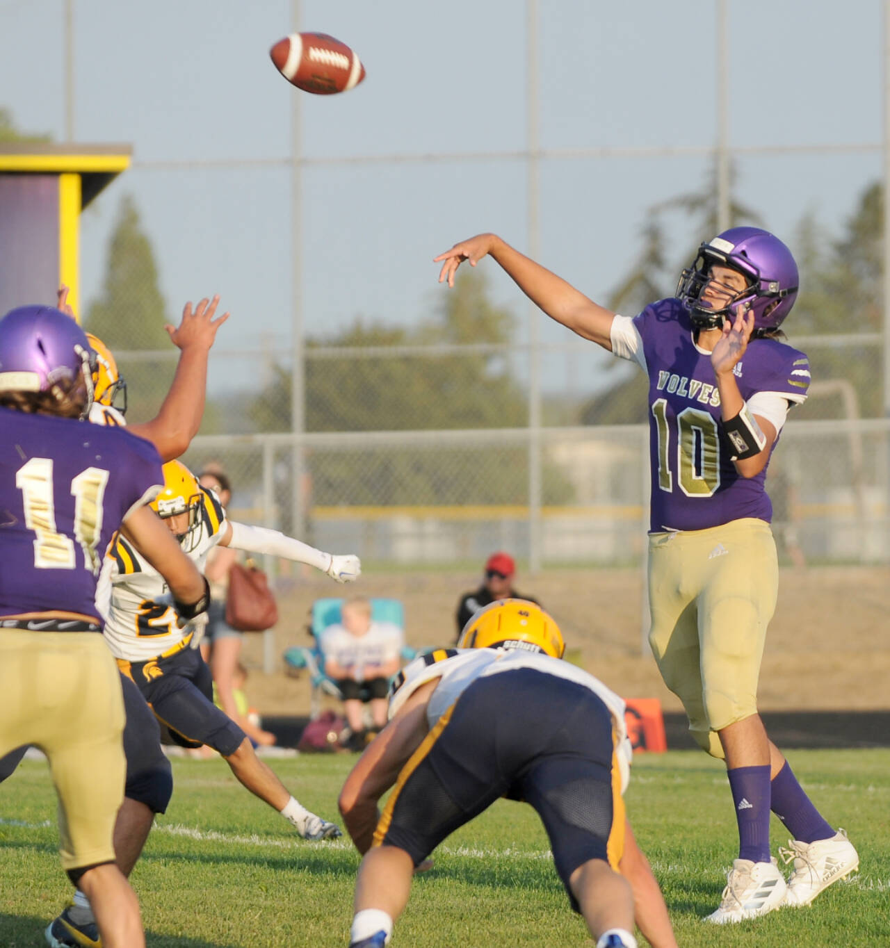 Quarterback Lars Wiker (10) is back this year for the Sequim Wolves, who will be looking to bounce back from a 2-7 season. (Michael Dashiell/Olympic Peninsula News Group)