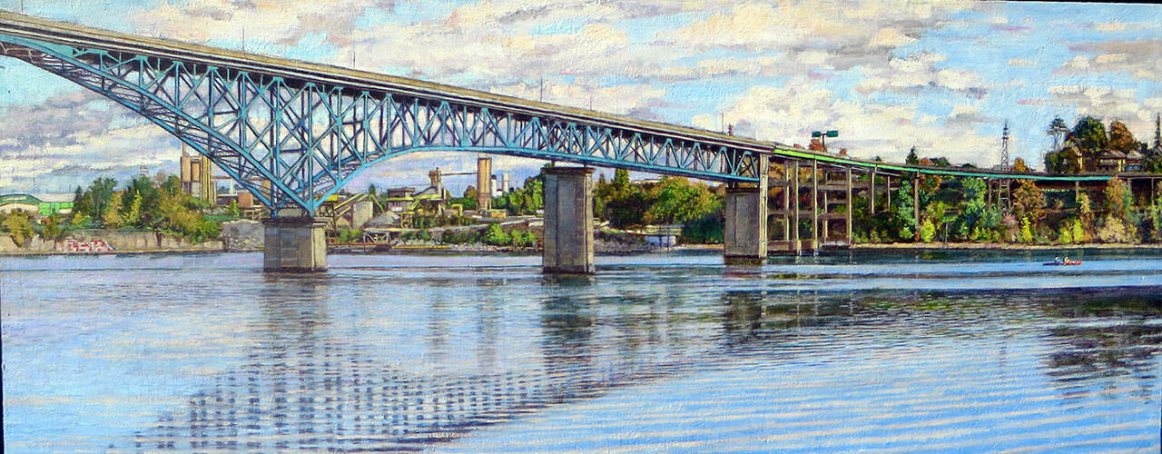“Ross Island Bridge” by Michael Stasinos is among 58 paintings in “Weather or Not,” the plein air art show opening Friday at Jeanette Best Gallery in Port Townsend.