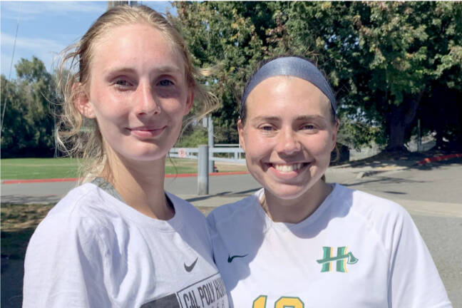 Port Angeles’ Millie Long, left, scored four goals for Cal Poly, Humboldt this weekend against Seattle Pacific. One of her teammates is Grace Johnson of Chimacum. Both Lumberjacks also played for the Peninsula College Pirates. (Rick Ross)