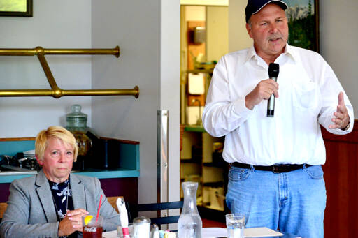 Port of Port Angeles District 3 Commissioner Connie Beauvais, left, and former Port Angeles City Council member Lee Whetham answer questions from the audience during a meeting of the Port Angeles Kiwanis Club on Thursday at Joshua’s Restaurant. Both Beauvais and Whetham are running for the District 3 Port seat this year, the only Port commission seat on the ballot. (Peter Segall/Peninsula Daily News)