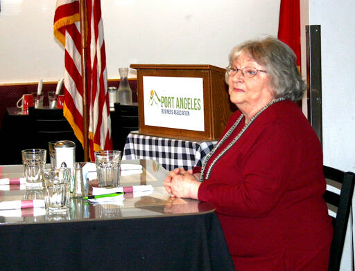 Sandra Long speaks at a forum for Port Angeles School Board candidates hosted by the Port Angeles Business Association. The District 4 incumbent is running for one of three uncontested seats on the five-member board. The two other candidates, Kirsten Williams, who is running for the District 5 position, and Stan Williams, who is running for the District 3 position, did not participate in the event. (Paula Hunt/Peninsula Daily News)