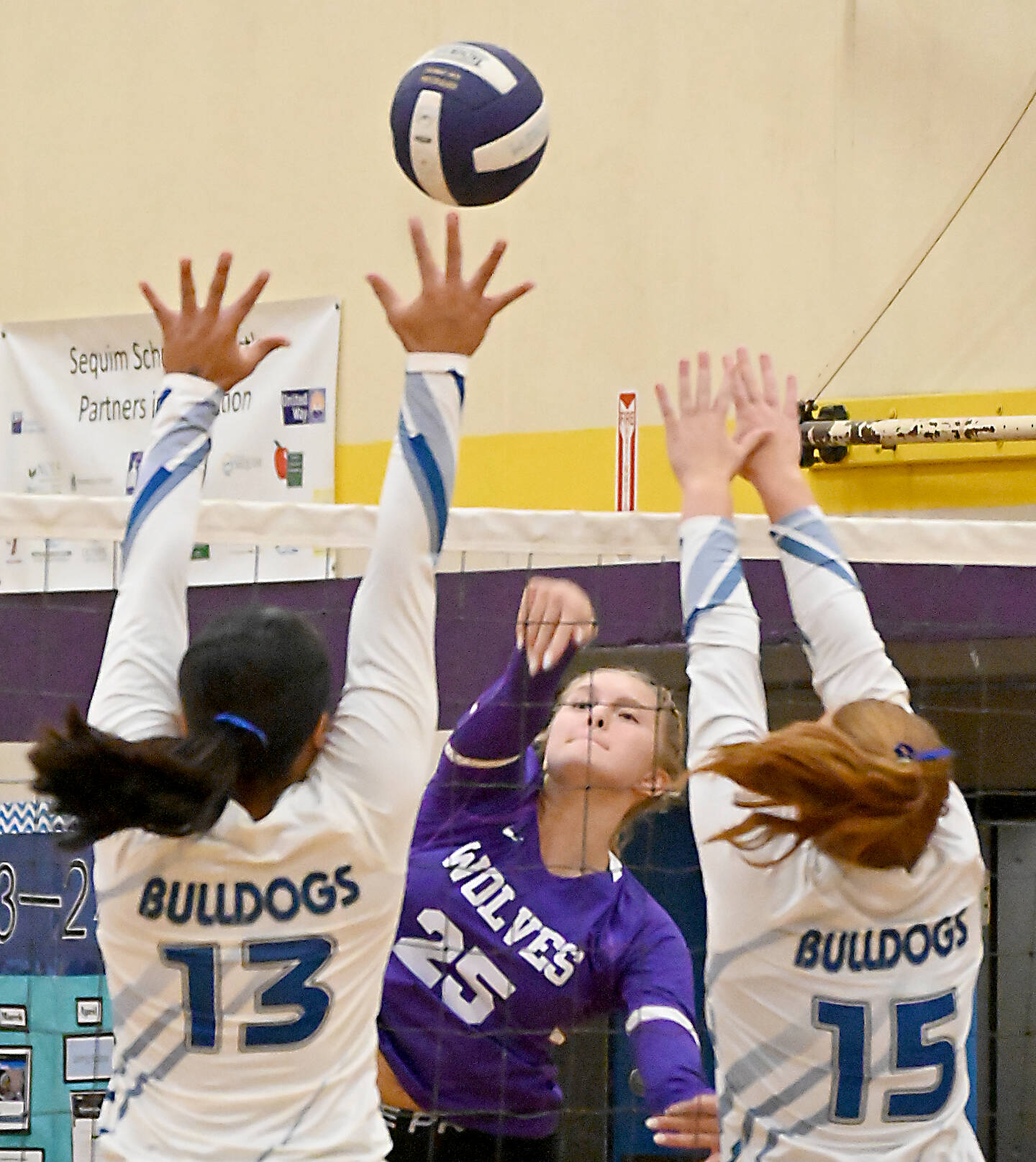 Michael Dashiell/Olympic Peninsula News Group
Sequim middle hitter Jolene Vaara spikes the ball against North Mason on Tuesday at Sequim Middle School. Vaara led the team with 16 kills and seven stuff blocks.