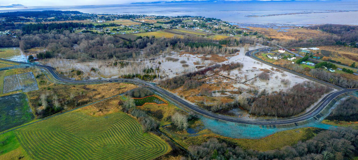 An aerial image shows flooding of the Lower Dungeness Floodplain Restoration site on Dec. 27, 2022. (Photo courtesy of Clallam County)