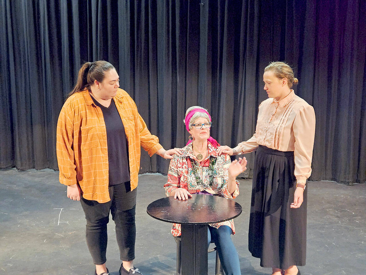 In “To The Moon” are, from left, Marissa LaJambe, Cheryl Koenig and Janie Rhodes, all of Port Angeles, at a recent rehearsal.