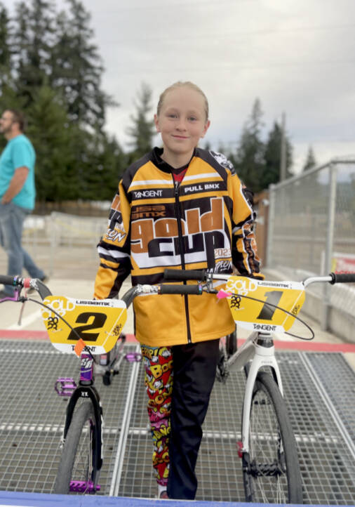 Port Angeles’ Teyah Elofson-Cross won the 10-year-old girls’ expert class and the 9-10 girls cruisers class at the Washington BMX Finals. (Courtesy photo)
