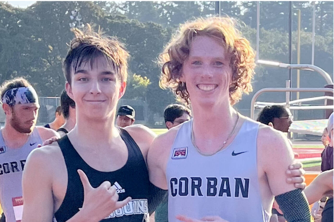 Max Baeder, left, of Clark College and Jack Gladfelter of Corban University competed against each at the 2023 Charles Bowles College Cross Country meet this weekend in Salem, Ore. They are both former Port Angeles Roughriders teammates. (Joe Gladfelter)