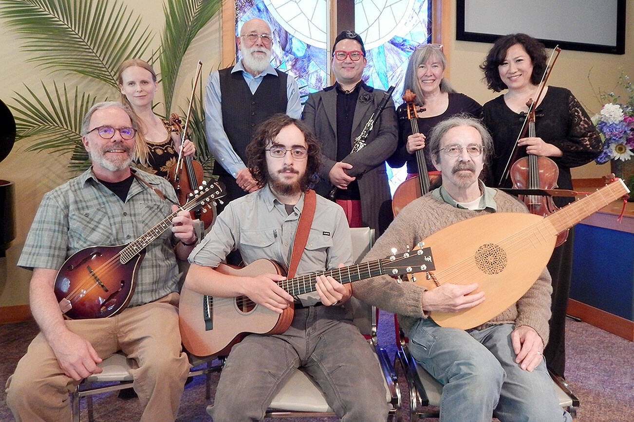 Founding musicians of the Port Townsend Symphony Orchestra Chamber Music Series include, front row, from left to right: Mike McLeron, mandolin; William Walden, guitar; and Guy Smith, lute. Back row, from left to right: Marina Rosenquist, violin; Michael Carroll, piano; Joel Wallgren, clarinet; Pamela Roberts, cello; and Sung-Ling Hsu, piano and viola.