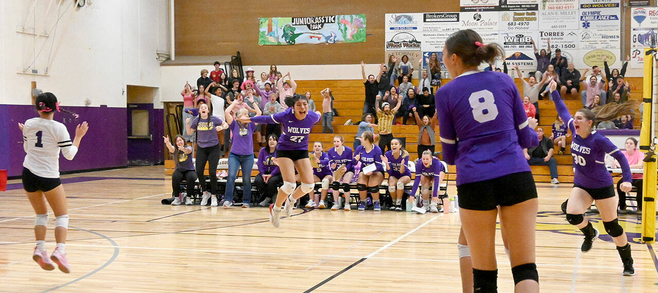 Sequim volleyball players from left, Tiffany Lam, Kassi Montero, Rose Gibson and Brianna Palenik, celebrate a set victory over Kingston during the Wolves’ 3-1 win over the Buccaneers. (Michael Dashiell/Olympic Peninsula News Group)