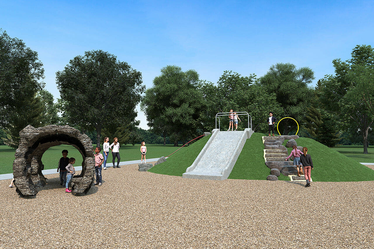 Graphic courtesy Olympic View Church
Leaders with Olympic View Church plan to install the first phase of The Gathering Ground playground in spring 2024. It includes an inclusive concrete hill with a wheelchair ramp, access bars, a climbing wall and a wide ramp. There will also be a large concrete log to play on.