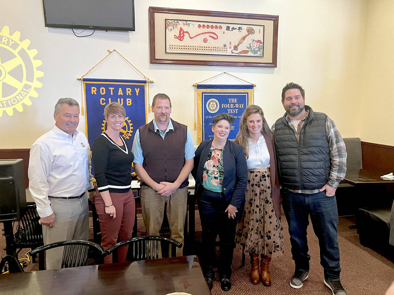 Port Angeles City Council candidates Jim Haguewood, Amy Miller, Mark Karjalainen, Navarra Carr, Kalli Jones and Brenden Meyer spoke at a meeting of the Port Angeles Noon Rotary on Wednesday, taking questions from the audience about their priorities for the city. (Peter Segall/Peninsula Daily News)