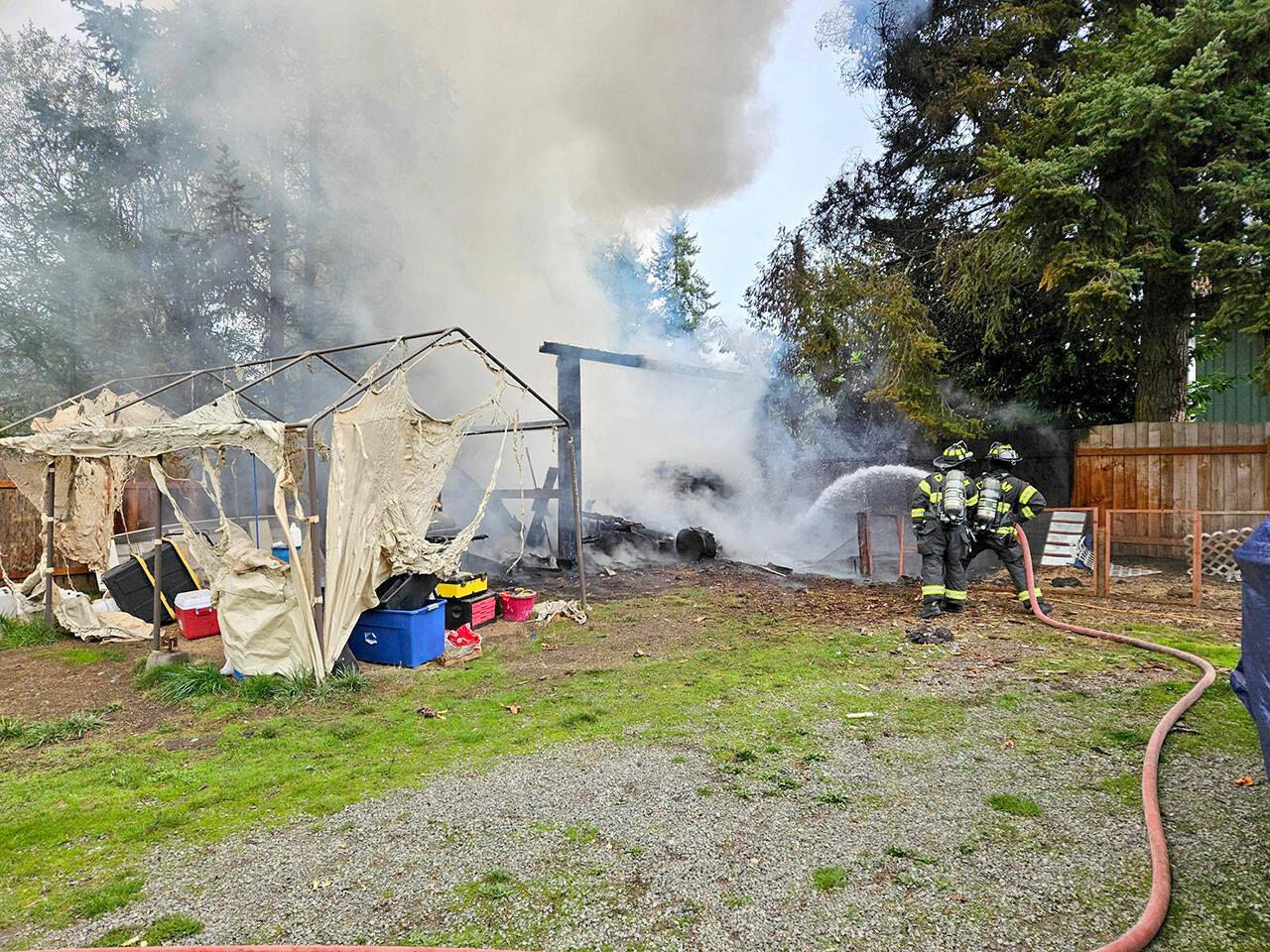 A shed fire was extinguished early Friday morning. Chief Jake Patterson said firefighters knocked down the flames in about 10 minutes. The district responded with two fire engines, one ambulance and two chief officers. The Port Angeles Fire Department responded with one fire engine and one chief officer, along with Port Angeles police officers and Clallam County Sheriff’s deputies. (Clallam 2 Fire-Rescue)