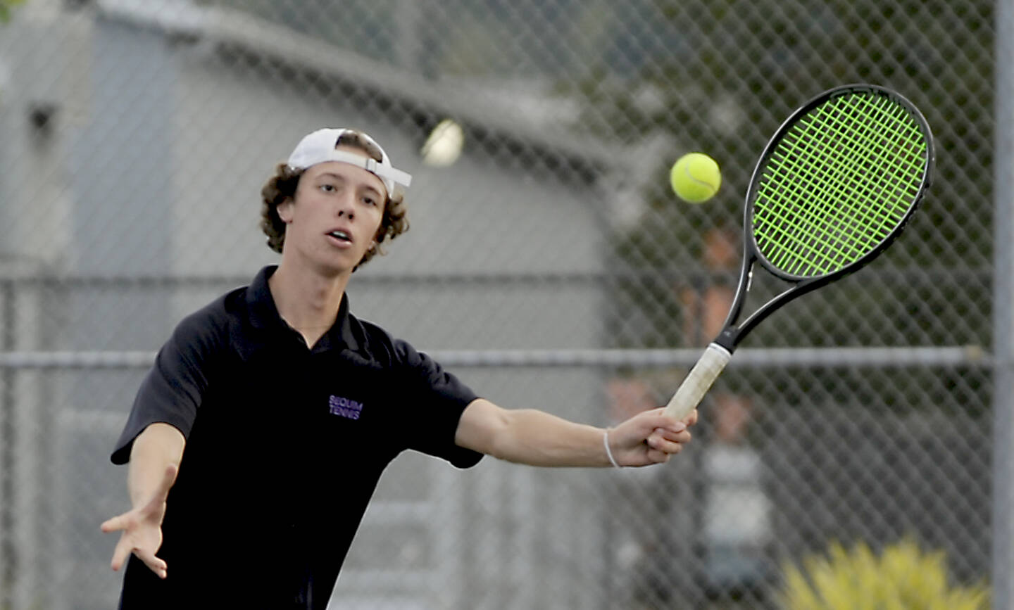 Garrett Little competes against Port Angeles on Oct. 11. Little went 4-0 at the Olympic League boys tennis championship to win the league title. (Michael Dashiell/Olympic Peninsula News Group)