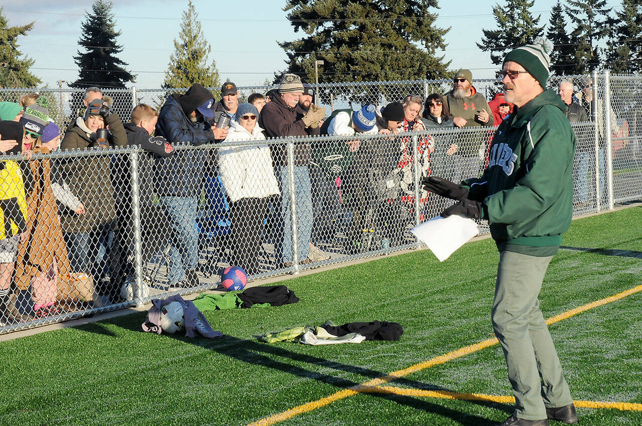 Port Angeles School District Superintendent Marty Brewer addresses the crowd during Saturday’s dedication of the Monroe Athletic Field. (Keith Thorpe/Peninsula Daily News)