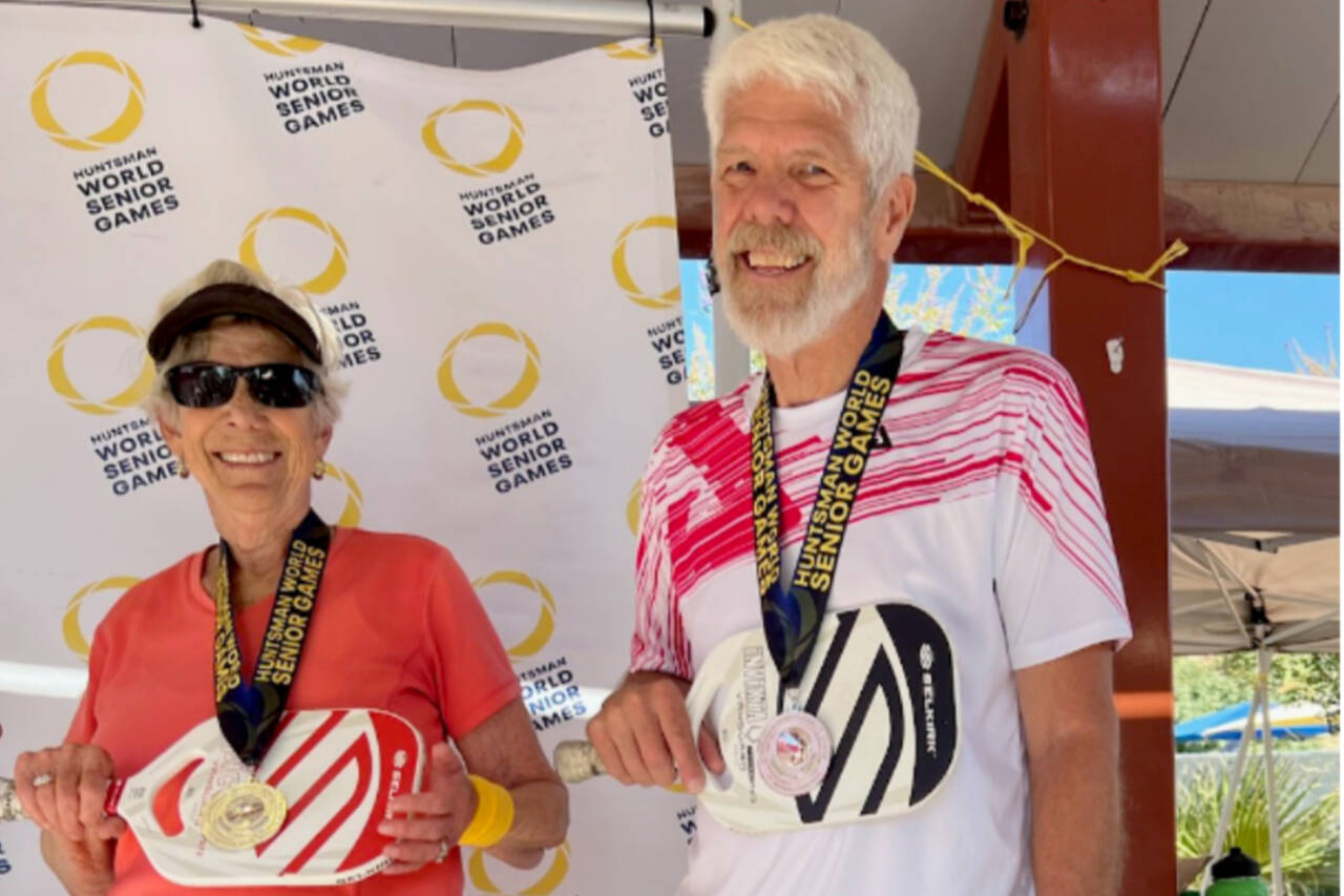Beverly Hoffman and Steve Bennett from the Olympic Peninsula each won multiple medals at the Worl.d Senior Games last week in St. George, Utah, in the 75-70 age group for pickleball. (Courtesy photo)