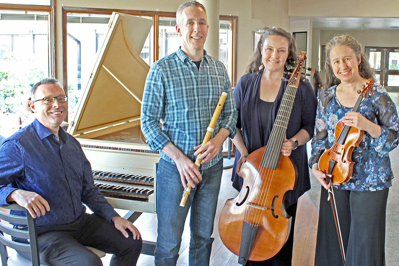 Performing Saturday at the Quimper Grange are, from left, Randall Wilkens, Miguel Rodé, Amy Warren and Bonnie Wilkens. Not pictured is Lee Inman.