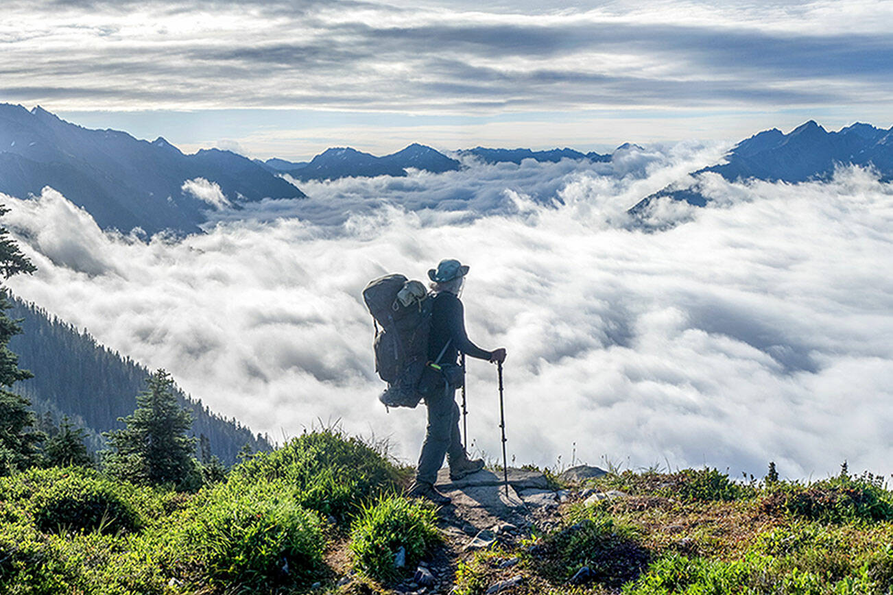 John Gussman admires the High Divide view in one of the photographs in "Salmon, Cedar, Rock & Rain," the new book about the Olympic Peninsula. Gussman credits his wife, Cath Hickey, for this photo.