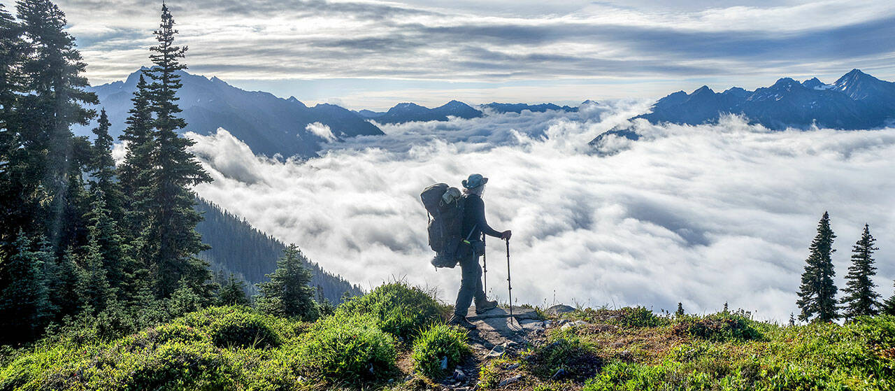 John Gussman admires the High Divide view in one of the photographs in “Salmon, Cedar, Rock & Rain,” the new book about the Olympic Peninsula. Gussman credits his wife, Cath Hickey, for this photo.