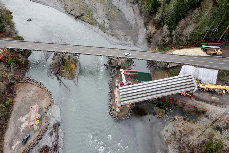 The state Department of Transportation will be setting girders this week on the new Elwha River bridge. Traffic will be held up for 30 minutes at a time between 3 a.m. and 5 a.m. through Thursday, and there will be one-way alternating traffic from 5 a.m. to 9 a.m. on those days. (Jesse Major)