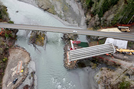 The state Department of Transportation will be setting girders this week on the new Elwha River bridge. Traffic will be held up for 30 minutes at a time between 3 a.m. and 5 a.m. through Thursday, and there will be one-way alternating traffic from 5 a.m. to 9 a.m. on those days. (Jesse Major)