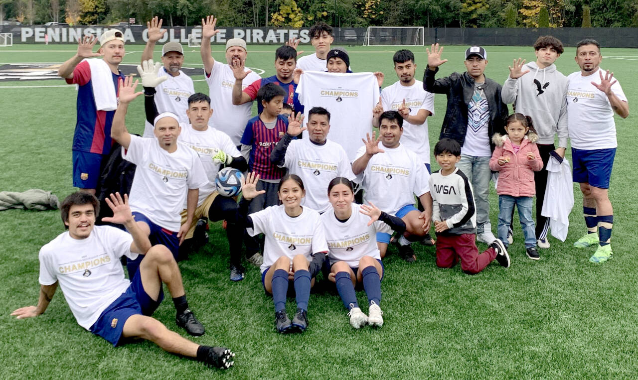 Forks FC celebrates its fifth-straight Peninsula College coed league championship. Forks won with a 7-1 victory over High Energy Metals at Wally Sigmar Field on Sunday. (Peninsula College)