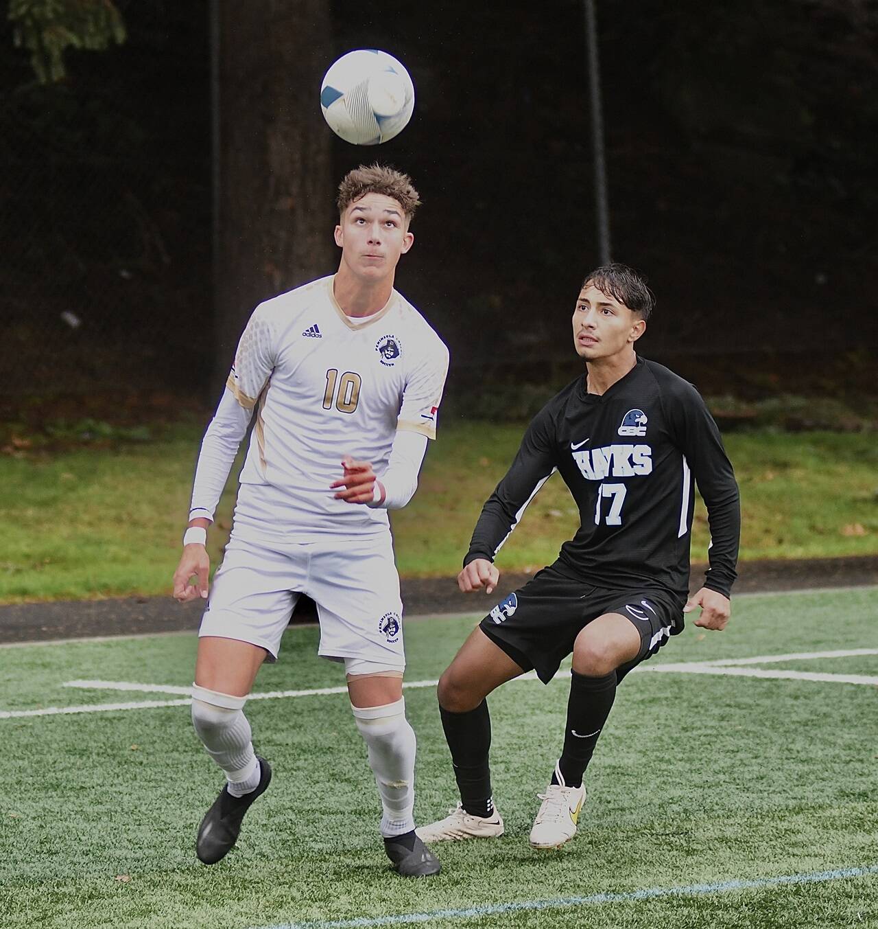 Peninsula College’s Nil Grau (10), looks to control the ball against Columbia Basin’s Jonas Olvera (17) in the NWAC semifinals held Friday in Tukwila. Grau scored the only goal of the game in a 1-0 victory, sending the Peninsula men into the NWAC finals at 1:30 p.m. Sunday against Highline. (Jay Cline/Peninsula College)
