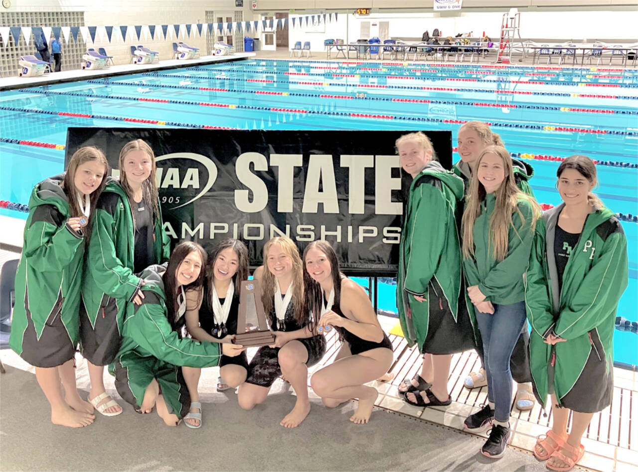 The Port Angeles girls swim team celebrates its fourth-place finish at the state 2A meet held in Federal Way this weekend. From left, Amayah Nelson, Brooke St. Luise, Danika Asgeirsson, Yau Fu, Harper McGuire, Lynzee Reid, Emerson DuBois, Lizzy Shaw, Chloe Kay-Sanders and Oliva Mesen. (Courtesy photo)