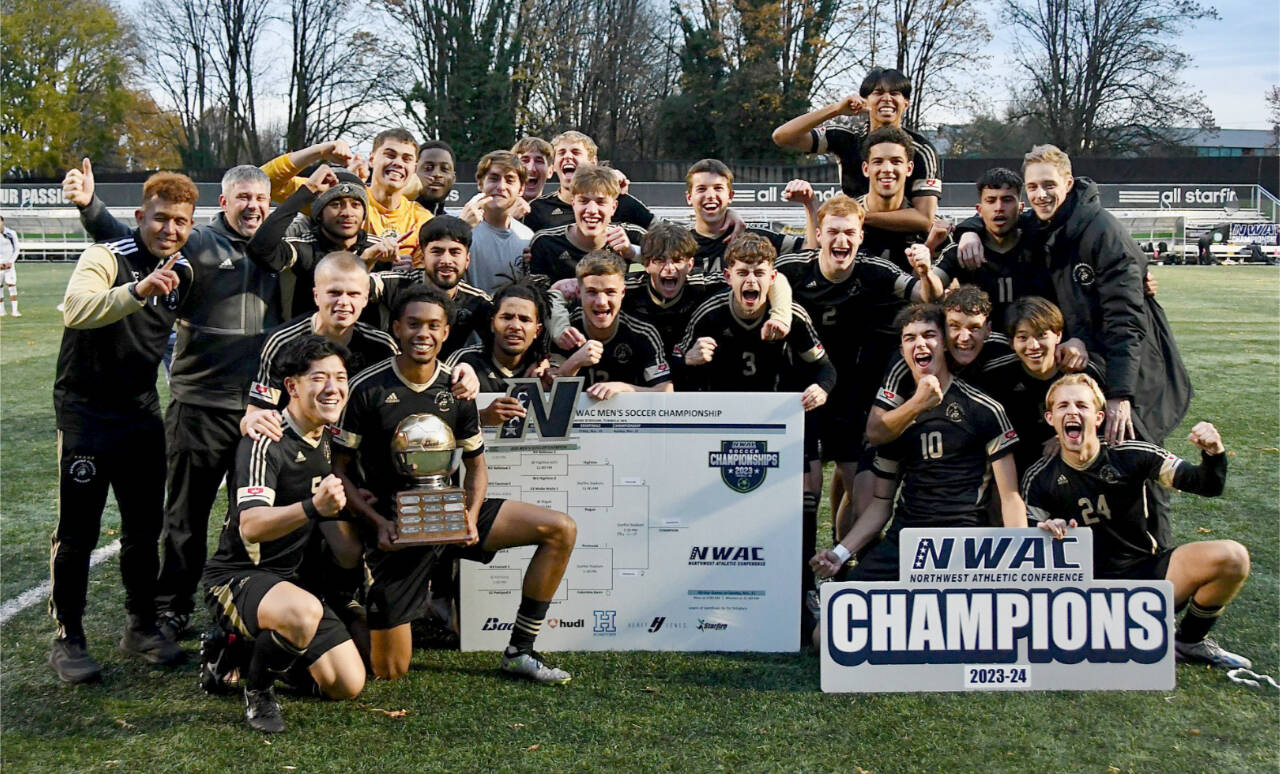 The Peninsula College men celebrate their 2023 NWAC championship in Tukwila on Sunday after defeating Highline 11-10 in penalty kicks. (Peninsula College)