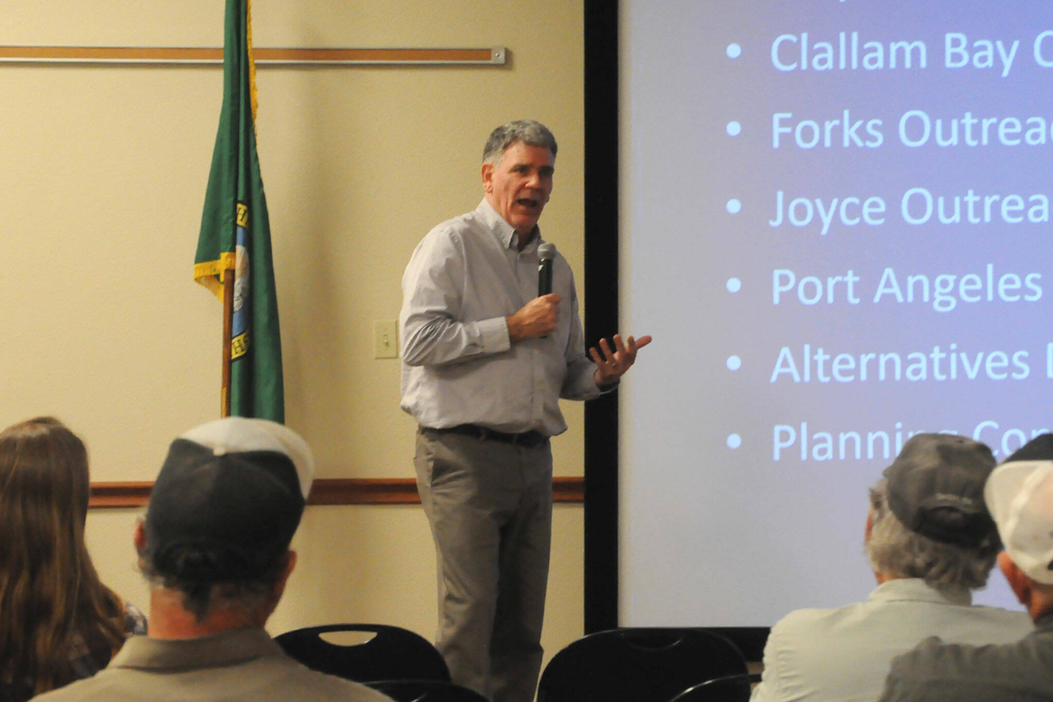 Bruce Emery, Clallam County’s director of Community Development, chats with about 30 farmers on Nov. 7 to seek input on updating the county’s code in order to better help farms come into compliance. “This is going to be cooperative, constructive, and it’s not going to be punitive,” he said. (Matthew Nash/Olympic Peninsula News Group)