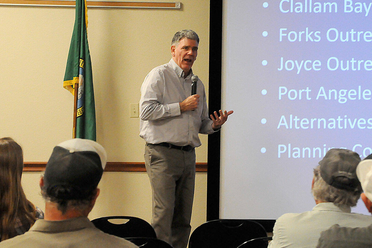 Bruce Emery, Clallam County’s director of Community Development, chats with about 30 farmers on Nov. 7 to seek input on updating the county’s code in order to better help farms come into compliance. “This is going to be cooperative, constructive, and it’s not going to be punitive,” he said. (Matthew Nash/Olympic Peninsula News Group)