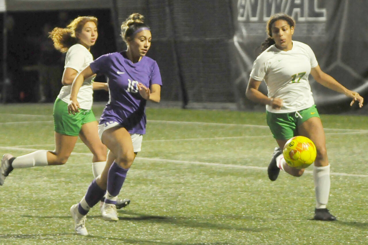 Jenny Gomez (10) was named to the Olympic League first team in girls soccer. Gomez scored 15 goals and had seven assists this season. (Michael Dashiell/Olympic Peninsula News Group)