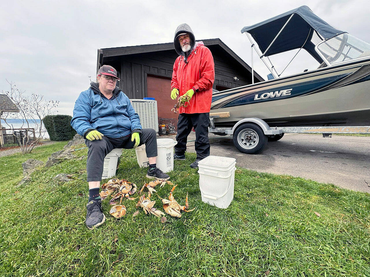 Sue Ridder and husband Johnny from Vancouver, visiting relatives in Port Townsend, start cleaning some of the 13 Dungeness crab they caught in Port Townsend Bay on Wednesday. (Steve Mullensky/for Peninsula Daily News)