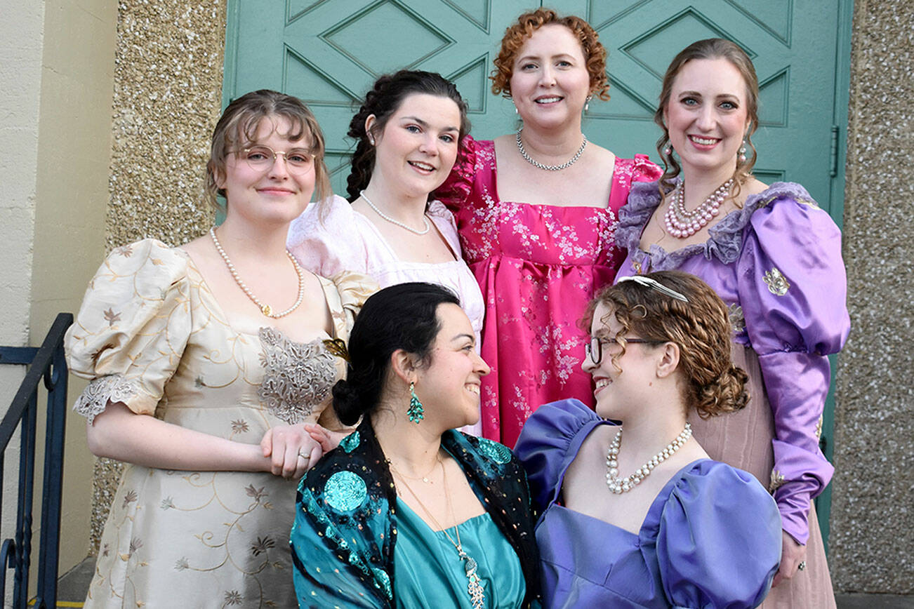 Cast members outside of the recent Jane Austen Tea. Pictured from left to right, back row: Wesley Vollmer, Olivia Wray, Cecie Gonzales McClelland and Sunshine Pederson. Front row: Poet XIX and Belle Robinson.
