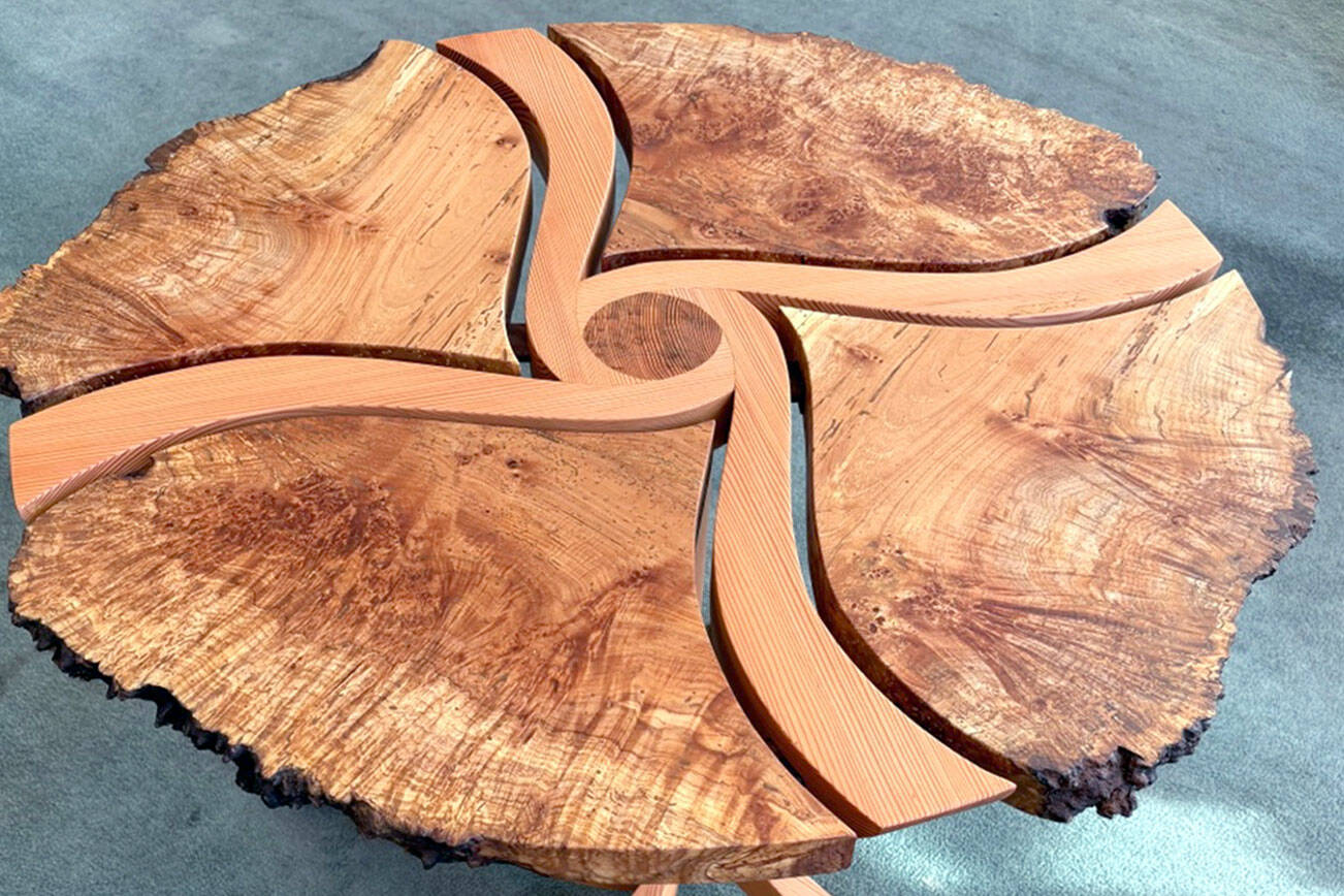 Robin McKann’s Douglas fir and big leaf maple table is on view at Gallery 9.
