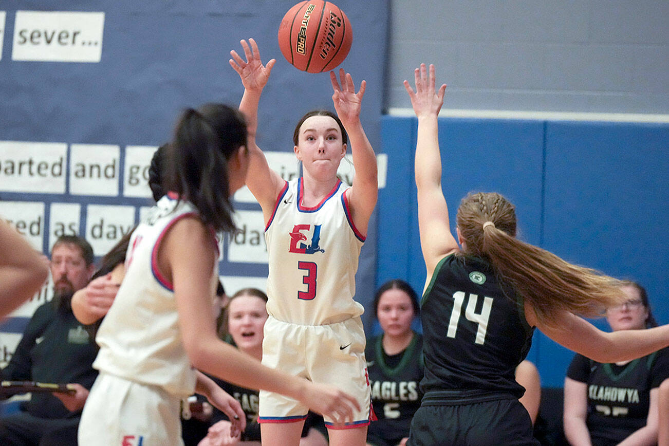 Steve Mullensky/for Peninsula Daily News
East Jefferson Rival Kate Botkin shoots for a three pointer from outside the key during a Nisqually League game played in Chimacum against the Klahowya Eagle.