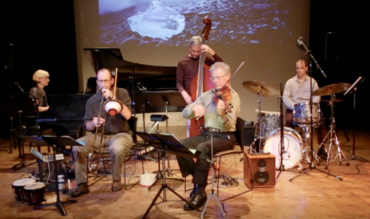 Musicians from left to right: Nelda Swiggett (piano), Clif Swiggett (trombone), Chris Symer (bass), Julian Smedley (violin) , Adam Kessler (drums)