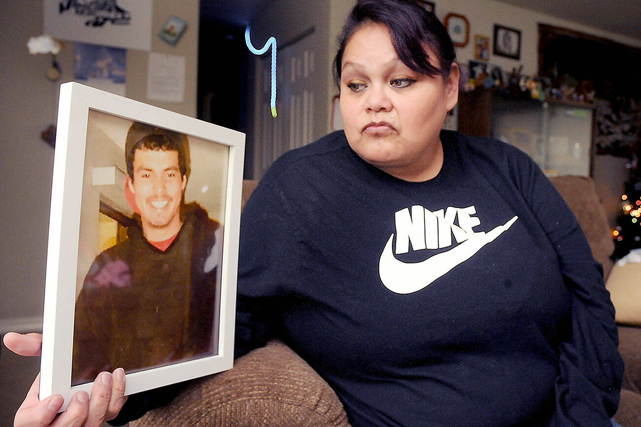 KEITH THORPE/PENINSULA DAILY NEWS
Nora Eastman of Port Angeles displays a photo of her son, Ted Eastman, 33, who died of an overdose of fentanyl, at their home on the Lower Elwha Klallam reservation.