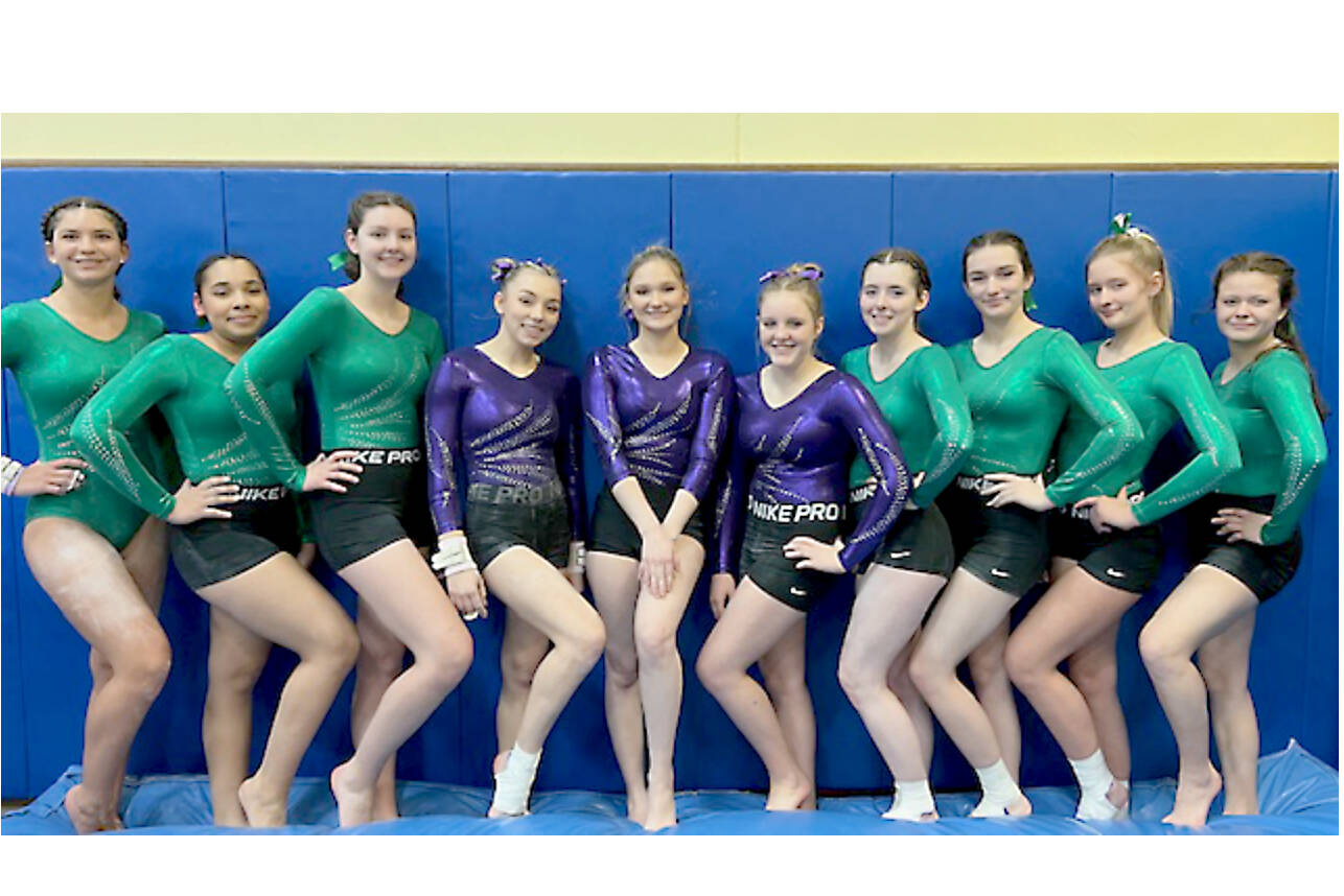 The Port Angeles-Sequim gymnastics team competed this weekend against Bainbridge and will compete at home Saturday against North Kitsap and Kingston. From left are Scarlett Sullivan, Shavari Epps, Susannah Sharp, Madison Ripley, Lucy Spelker, Faith Carr, Maddie Adams, Summer Hirst-Iowe and Ryah DeLeon. (Courtesy photo)