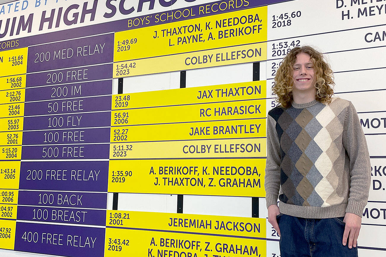 Sequim’s Colby Ellefson set new school records in the 100-yard backstroke and 200 individual medley during a meet with Kingston on Wednesday. Ellefson already holds the school’s 200 and 500 freestyle records.