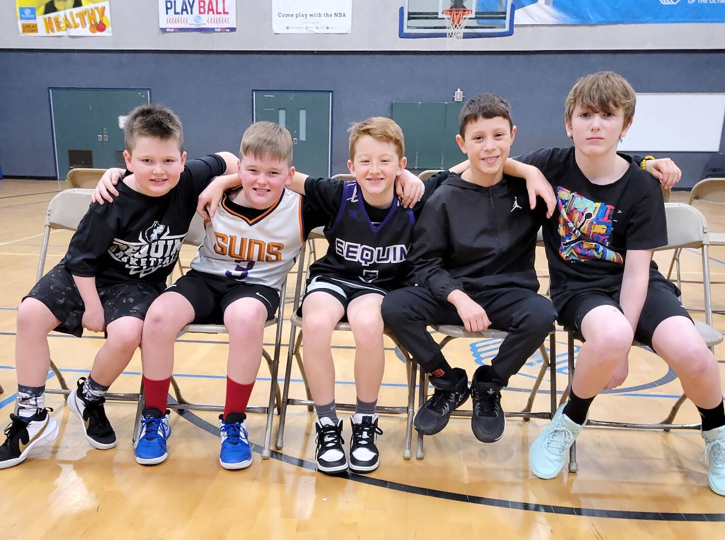 Snow and ice may have forced a delay but the Sequim Elks Lodge recently held its National Hoop Shoot competition at the Sequim Boys & Girls Club. Contestants included, from left, Bennett Castell, Grayson Castell, Roman Bacchus, Maks Lopez and Luca Blake. Bennett Castle won the 8-9 age bracket, Bacchus the 10-11 division and Blake the 12-13 group and all three will compete at the district-level of the National Hoop Shoot competition.