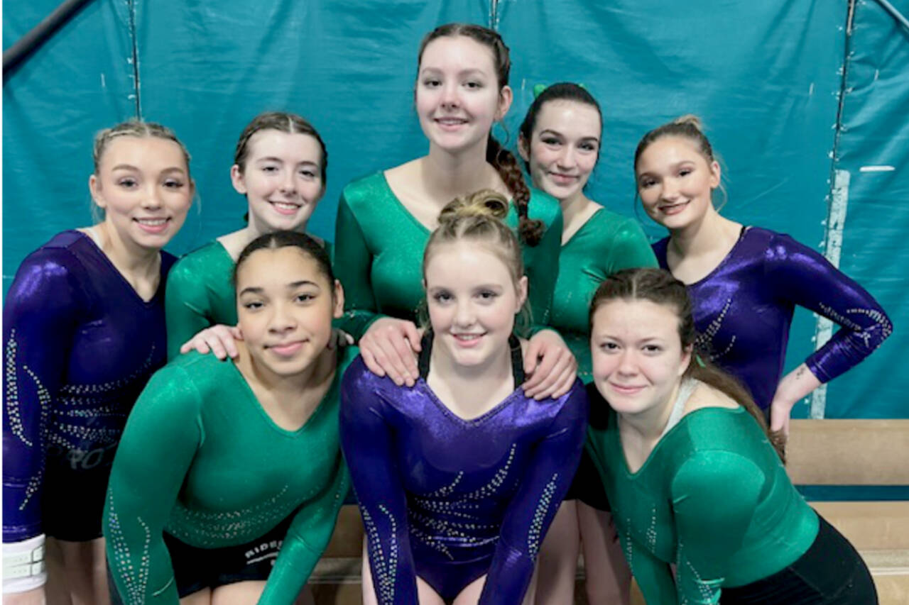 The Port Angeles/Sequim gymnastics team held its last home meet of the year Monday. From left, back row, are Susannah Sharp, Faith Carr, Waverly Mead, Maddie Adams and Madi Ripley. From left, front row, are Shavari Epps, Lucy Spelker and Ryah Deleon. (Port Angeles gymnastics)