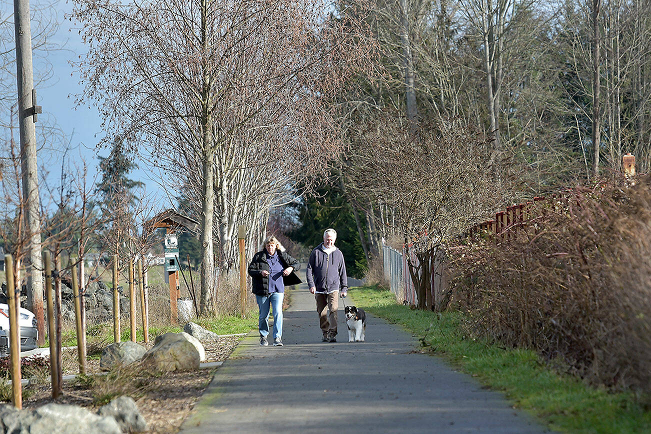 KEITH THORPE/PENINSULA DAILY NEWS
Alison and Brian Fogarty of Sequim, along with their dog, Bowie, take a mid-winter stroll along a portion of the Olympic Discovery Trail near the Dungeness River Nature Center in Sequim on Thursday. Warm sunshine with temperatures in the 50s made the excursion seem more spring-like than wintery.