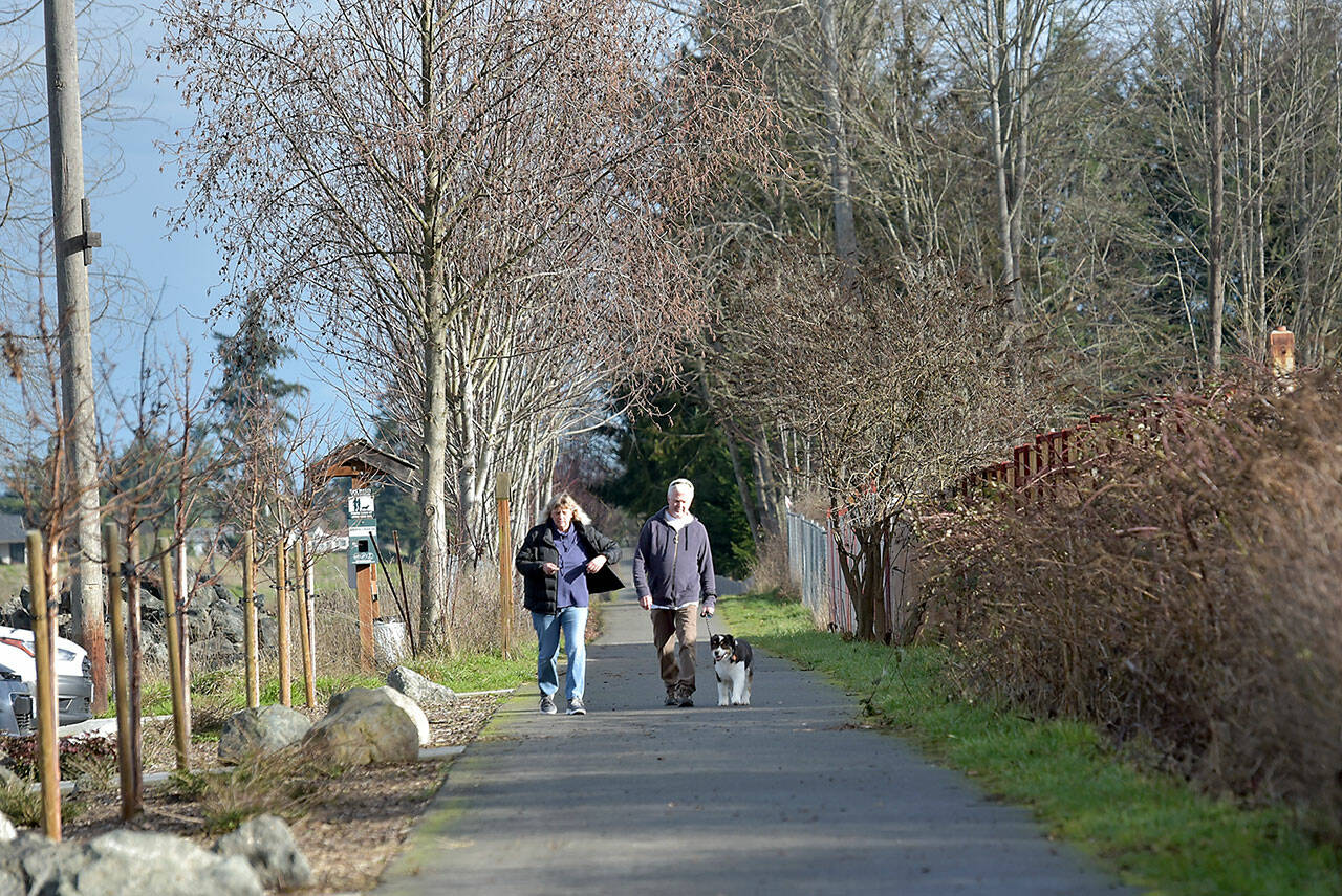 Alison and Brian Fogarty of Sequim, along with their dog, Bowie, take a mid-winter stroll along a portion of the Olympic Discovery Trail near the Dungeness River Nature Center in Sequim on Thursday. Warm sunshine with temperatures in the 50s made the excursion seem more spring-like than wintery. (KEITH THORPE/PENINSULA DAILY NEWS)