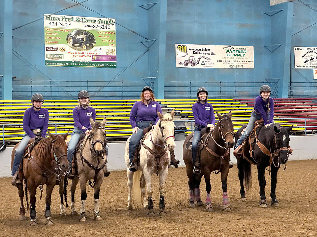 Sequim’s high school equestrian team brought home a whopping 12 first place wins at the first WAHSET meet of the season, from Left: Libby Swanberg , Kennady Gilbertson, Joanna Seelye, Katelynn Middleton-Sharpe and Asha Swanberg. (Submitted photo Anna Swanberg)