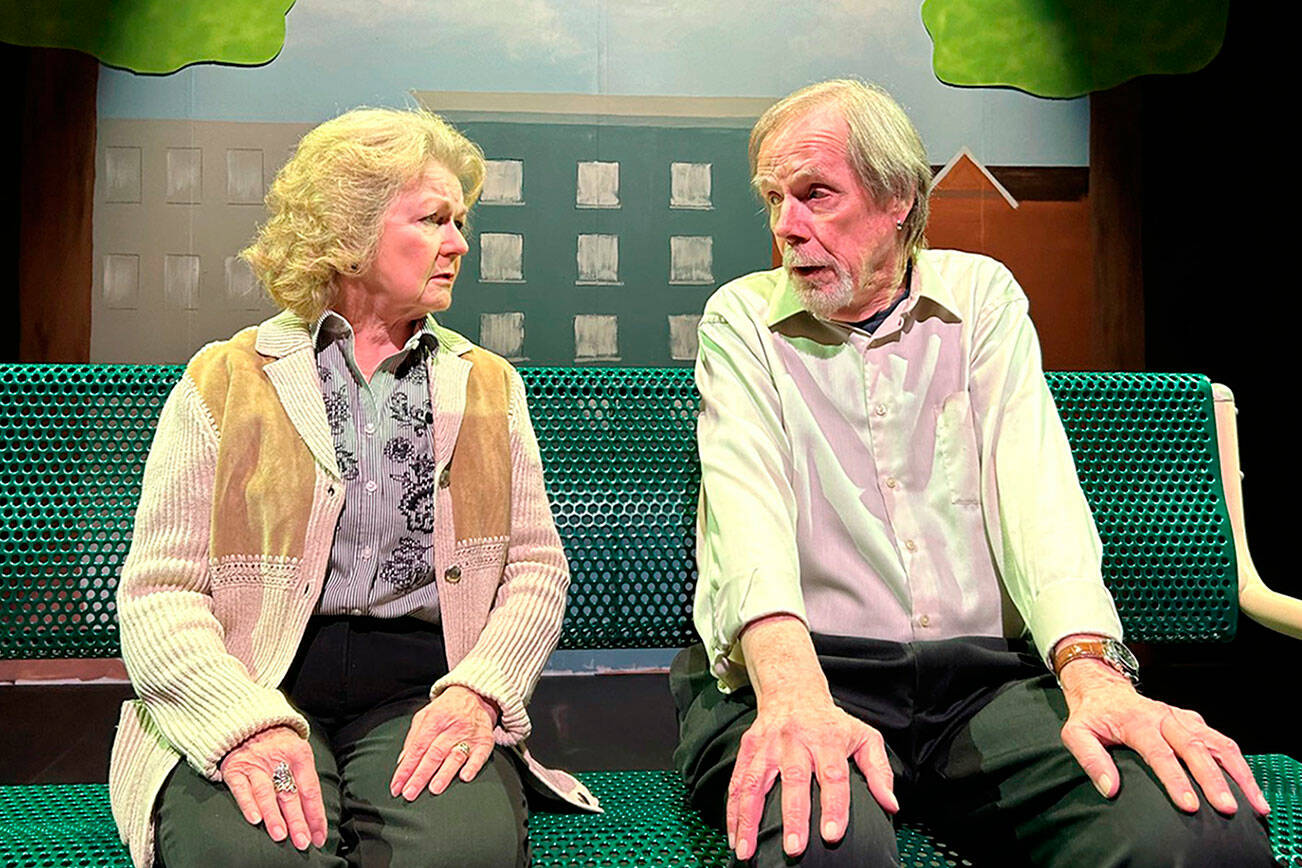 Matthew Nash/ Olympic Peninsula News Group

Carol and Ralph, played by Sharon DelaBarre and Pat Owens, share a tender moment speaking about their spouses in a dog park bench in Olympic Theatre Arts’ “The Last Romance.”