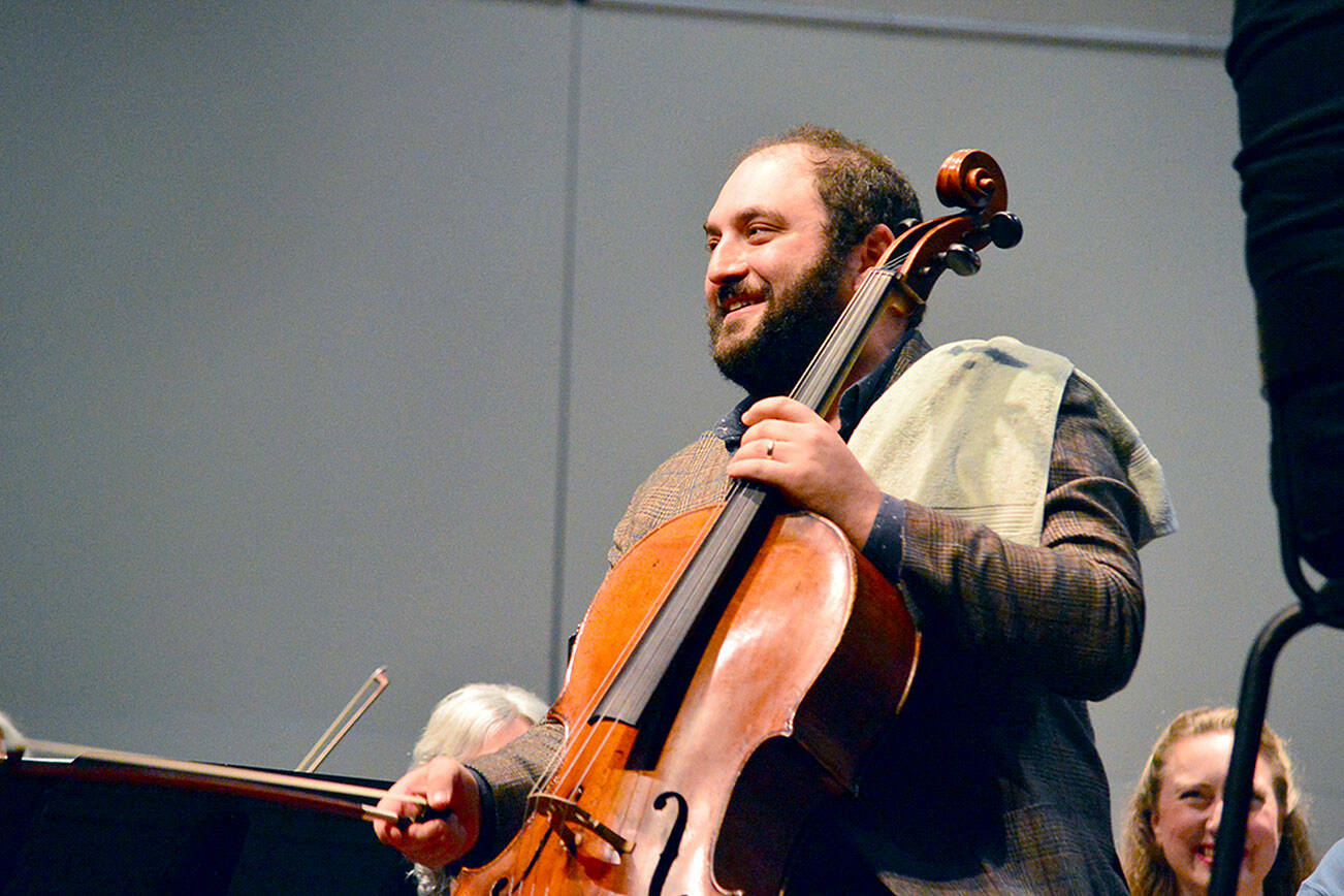 Cellist Julian Schwarz, pictured rehearsing in spring 2023, rejoins the Port Angeles Symphony Orchestra for two performances this Saturday. (Diane Urbani de la Paz/Port Angeles Symphony)