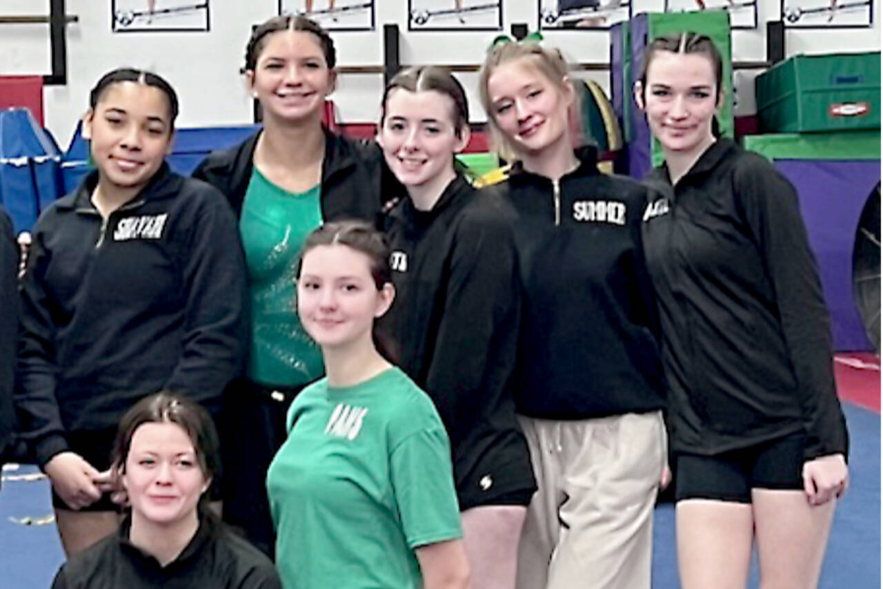 The Port Angeles girls gymnastics team that competed at subdistricts late last week. From left, standing, are Shavari Epps, Scarlett Sullivan, Faith Carr, Summer Hirst-Lowe, Maddie Adams. From left, kneeling, are Ryah Deleon and Waverly Mead. (Courtesy photo)