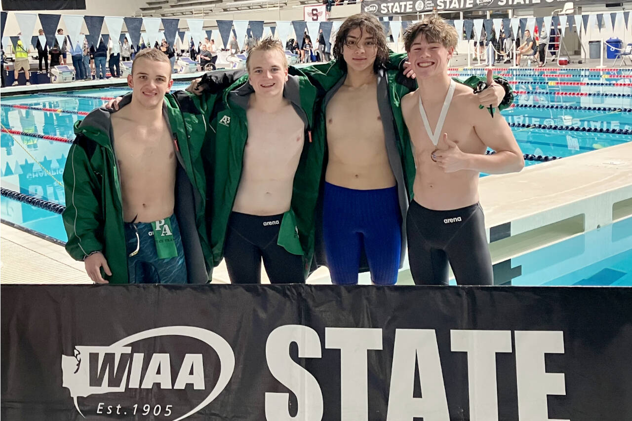The Port Angeles boys swim team placed in the top 12 in two relay events at the state swim and dive championships. From left are Edward Gillespie, Thomas Jones, Nolan Medgin and Finn Thompson. (Courtesy photo)
